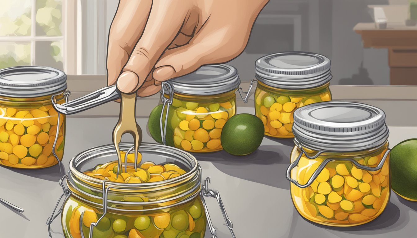 A person sealing jars of passion fruit preserves with a canning lid and tongs