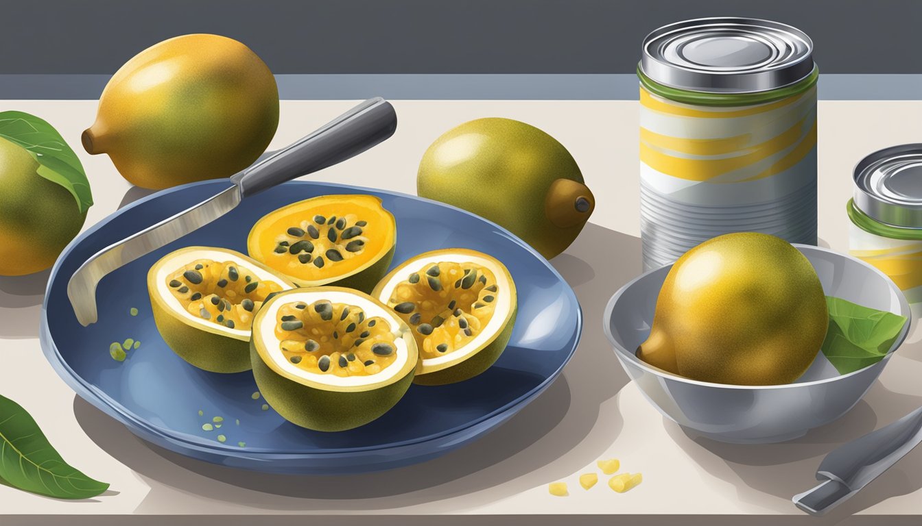 Ripe passion fruits being carefully sliced, scooped, and canned in a sterile kitchen environment