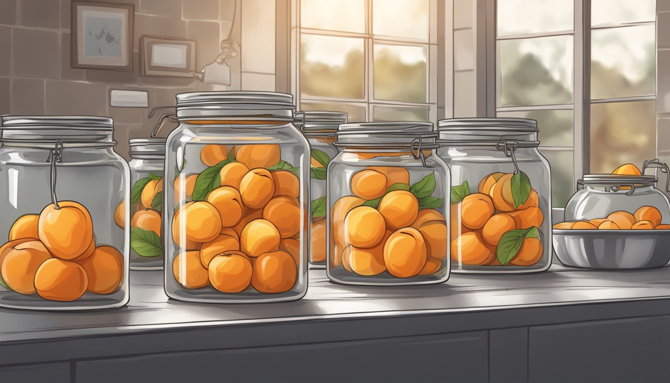 Apricots being carefully placed into glass jars, hot syrup poured over them, lids sealed tightly. Jars placed in a large pot of boiling water for processing