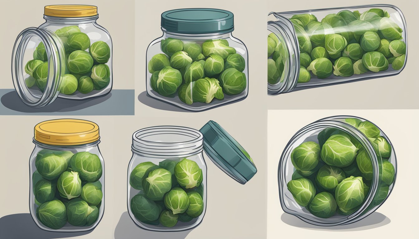 Brussels sprouts being placed into glass jars, sealed and labeled for storage