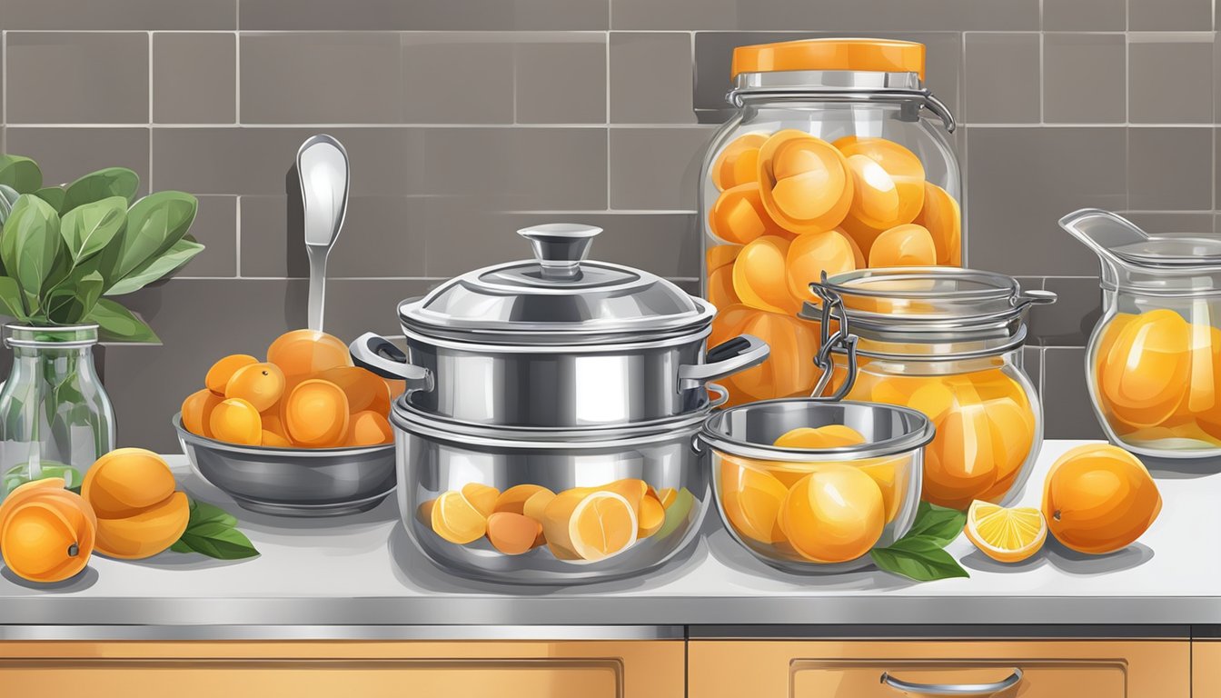 Fresh apricots, glass canning jars, boiling water bath, sugar, lemon juice, cutting board, knife, measuring cups, ladle, and a large pot on a stove