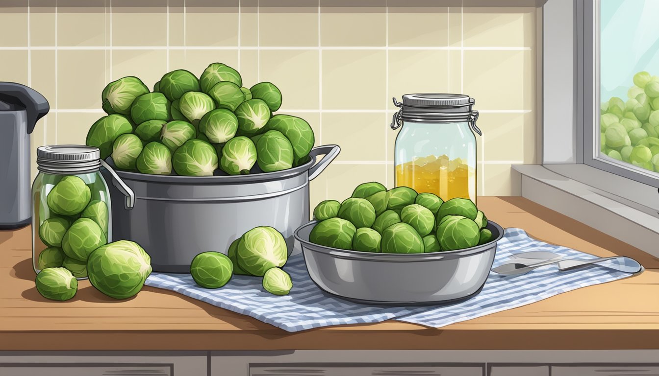 A kitchen counter with a cutting board, knife, and a pot of boiling water, surrounded by fresh Brussels sprouts and canning jars