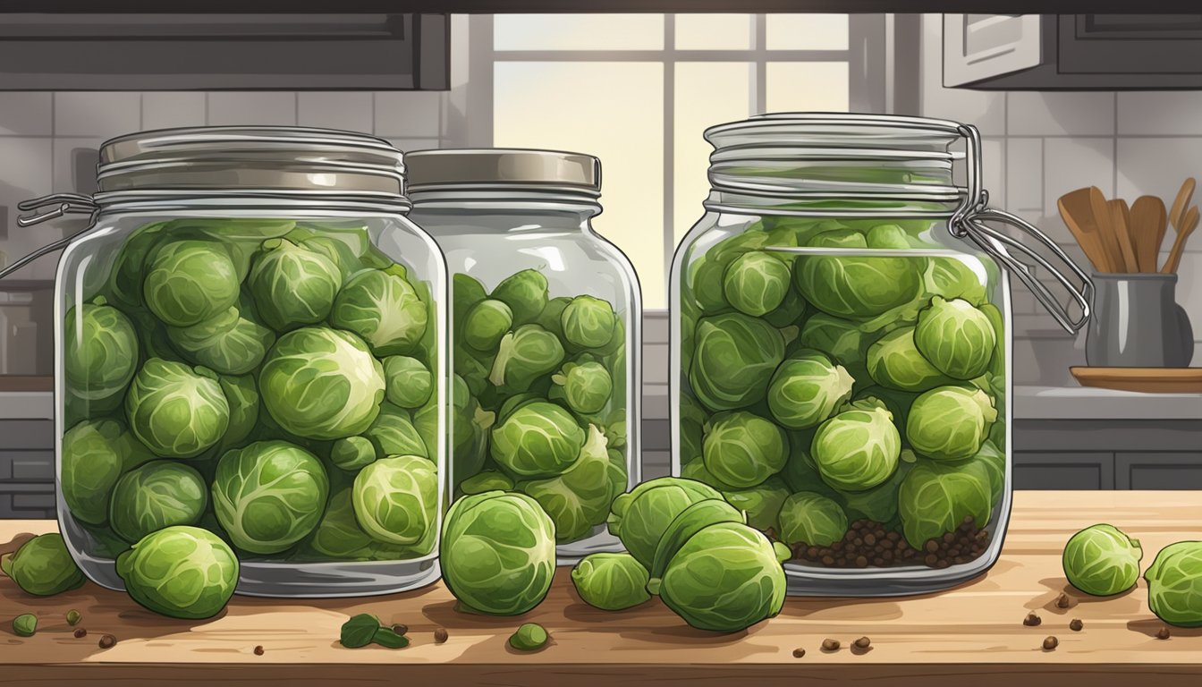 Brussels sprouts being harvested from a garden, washed, trimmed, and placed into glass jars with vinegar and spices