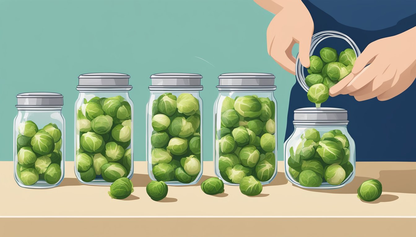 Brussels sprouts being trimmed and placed in jars, with boiling water poured over them, and lids being sealed tightly