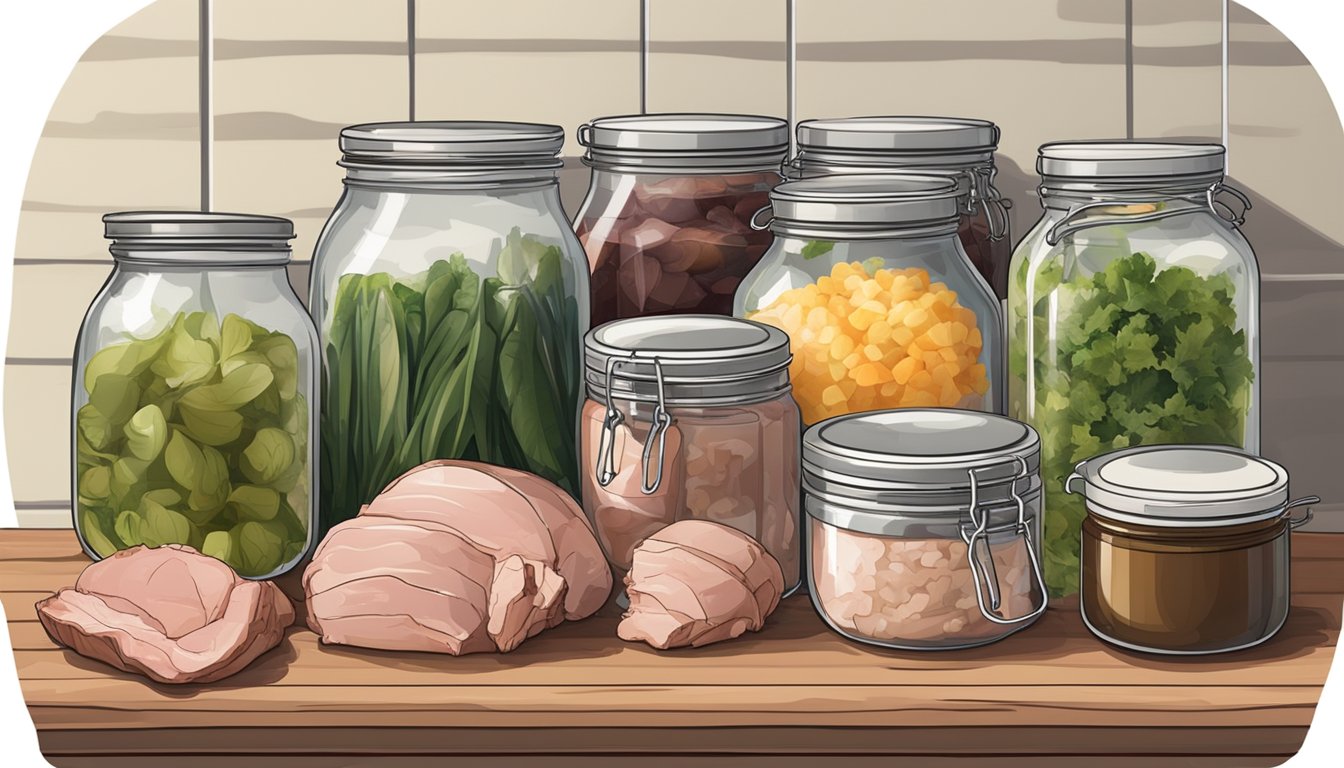 A kitchen counter with jars, a pressure canner, and various pork cuts ready for canning