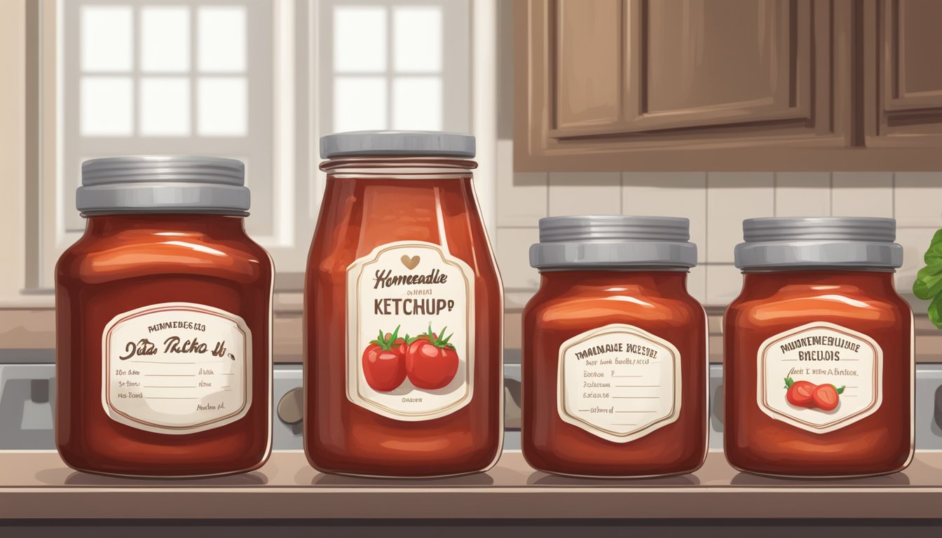 A row of glass jars filled with homemade ketchup, sealed with lids, and labeled with a date. A pot of ketchup simmers on the stove