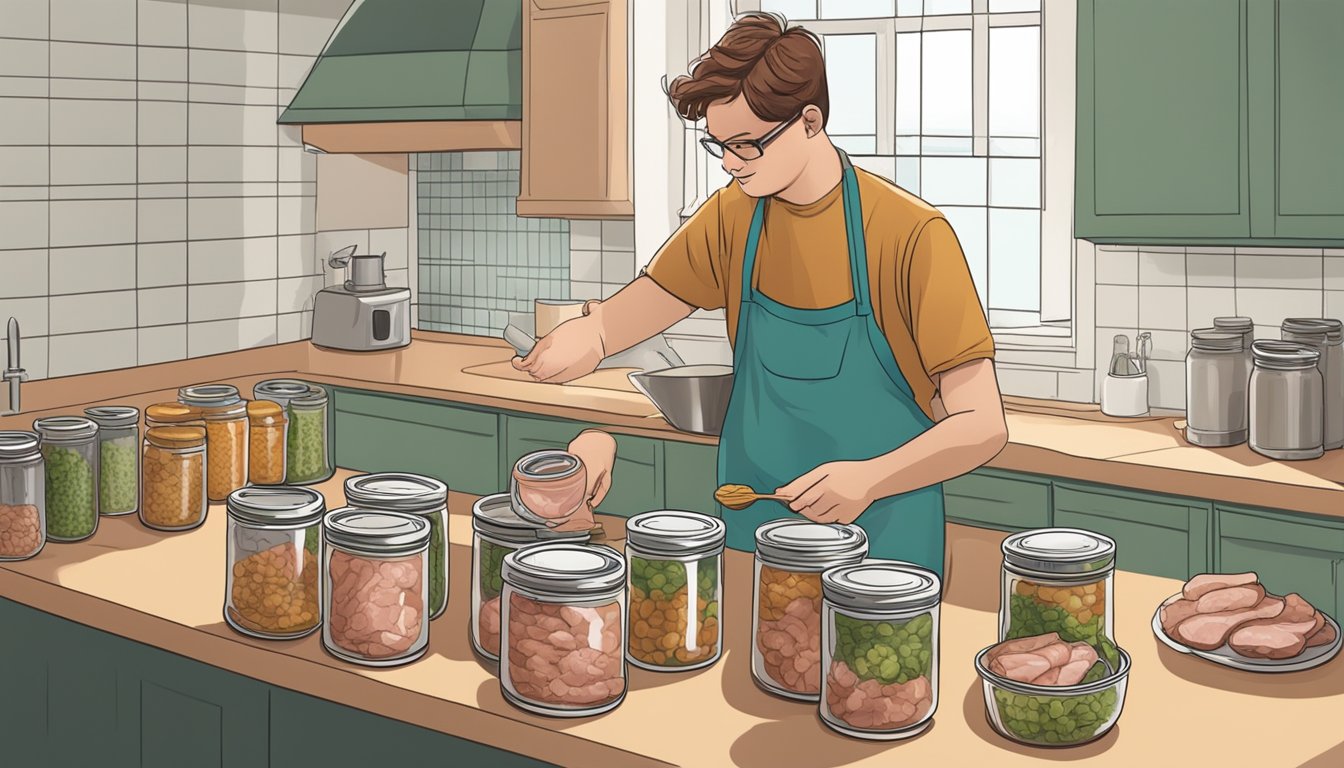 A person sealing jars of canned pork in a kitchen