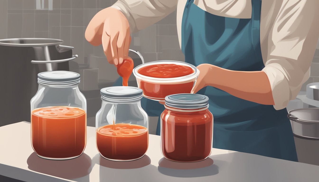 A person wearing gloves and an apron is carefully filling glass jars with homemade ketchup, while a pot of boiling water is ready for the canning process