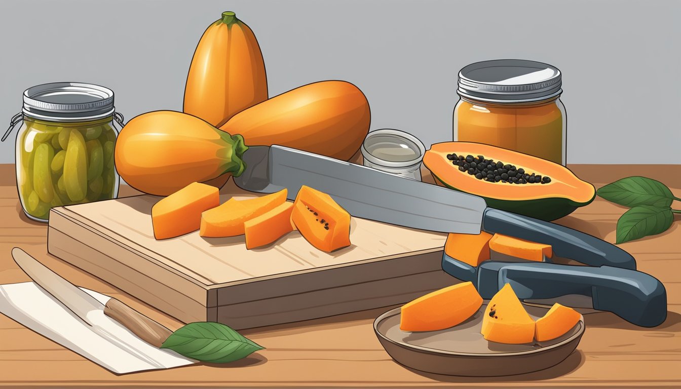 A papaya being sliced and prepared for canning, with jars and preserving equipment nearby