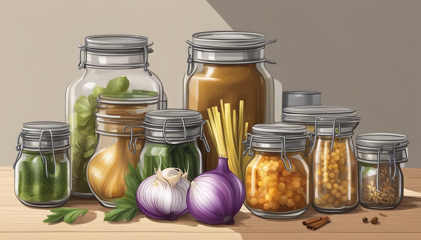 A kitchen counter with jars, onions, vinegar, and spices for canning