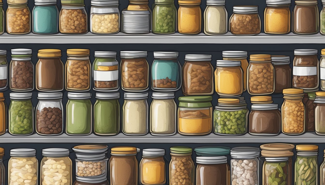 A pantry shelf filled with rows of home-canned jars of ostrich meat, with a canning pot and utensils nearby