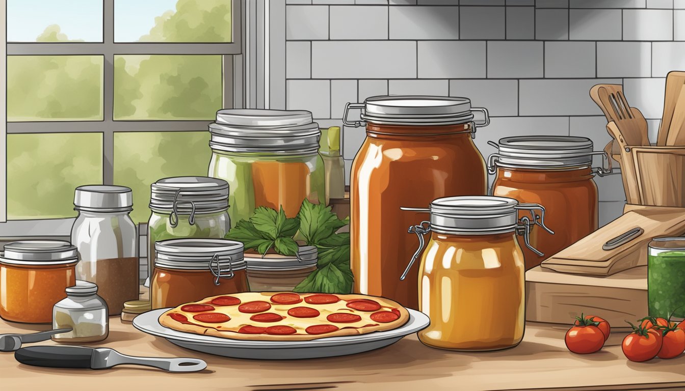 A kitchen counter with jars of homemade pizza sauce, a pot of simmering sauce, and various canning tools and ingredients