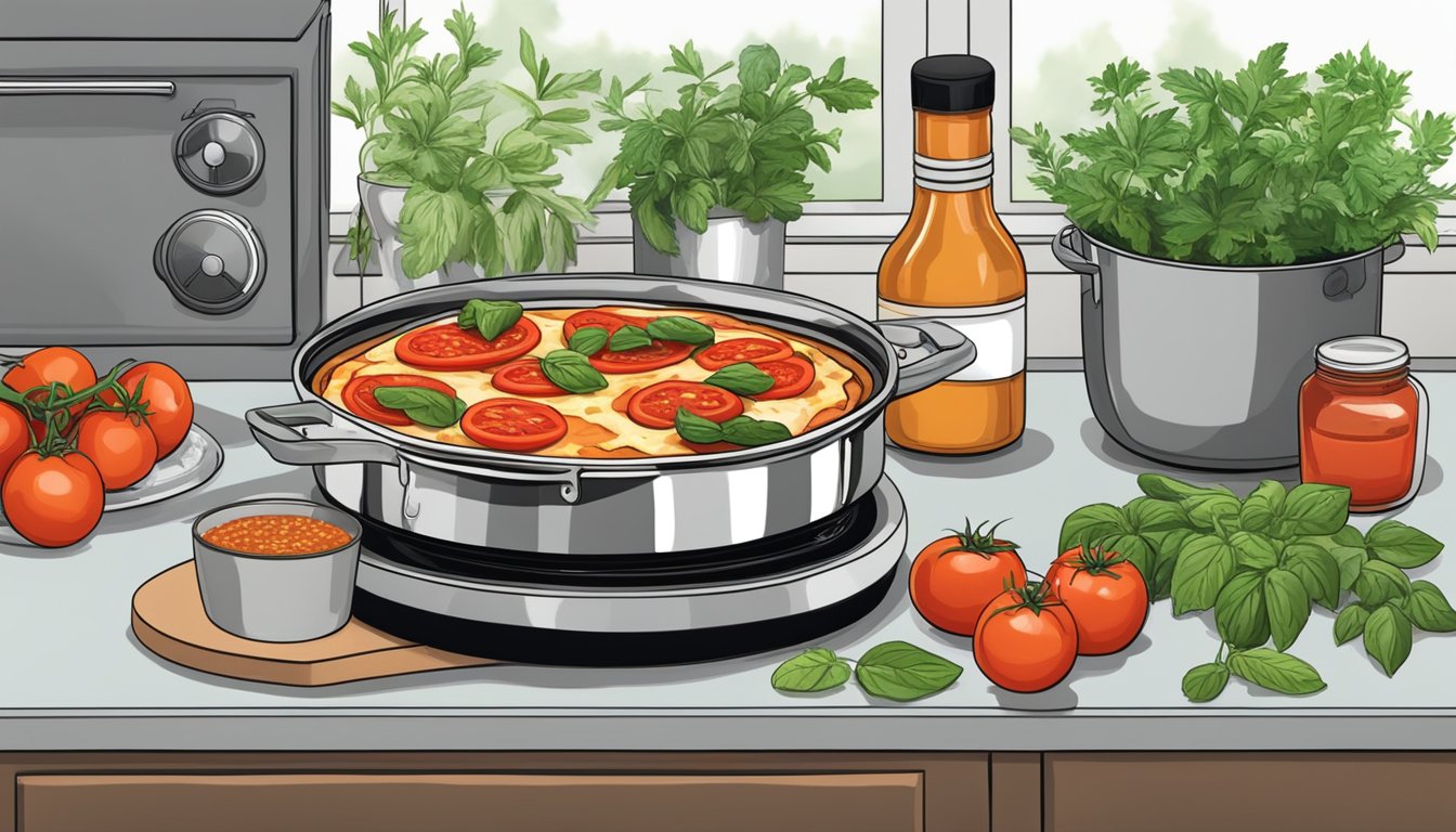 A kitchen counter with jars of homemade pizza sauce, fresh tomatoes, herbs, and a pot simmering on the stove