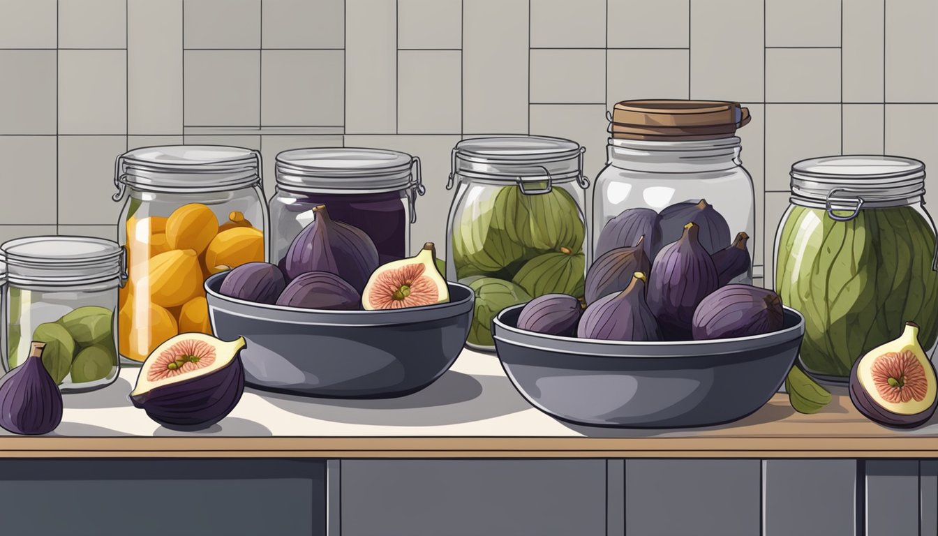 Fresh figs being washed, peeled, and sliced in a kitchen, with jars and canning equipment ready on the counter