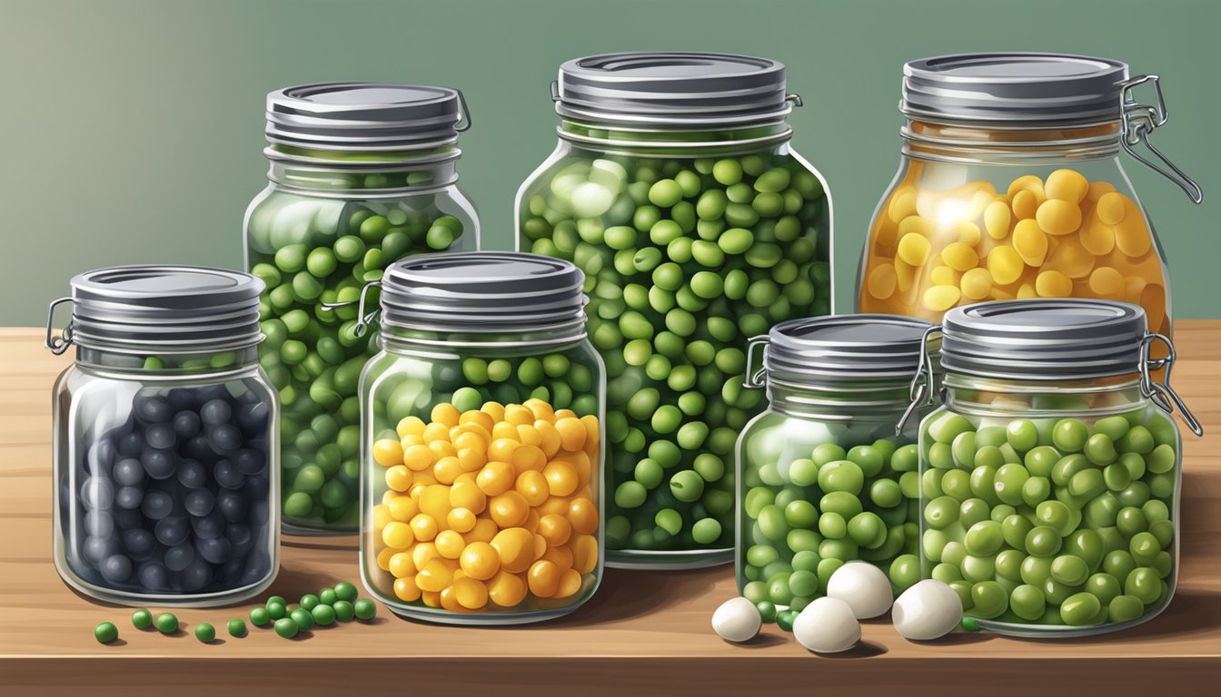 A kitchen counter with jars, peas, a pot, and a canning kit