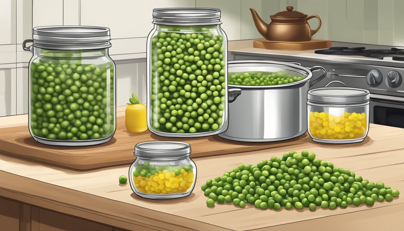 A kitchen counter with jars of freshly canned peas cooling next to a pot of boiling water