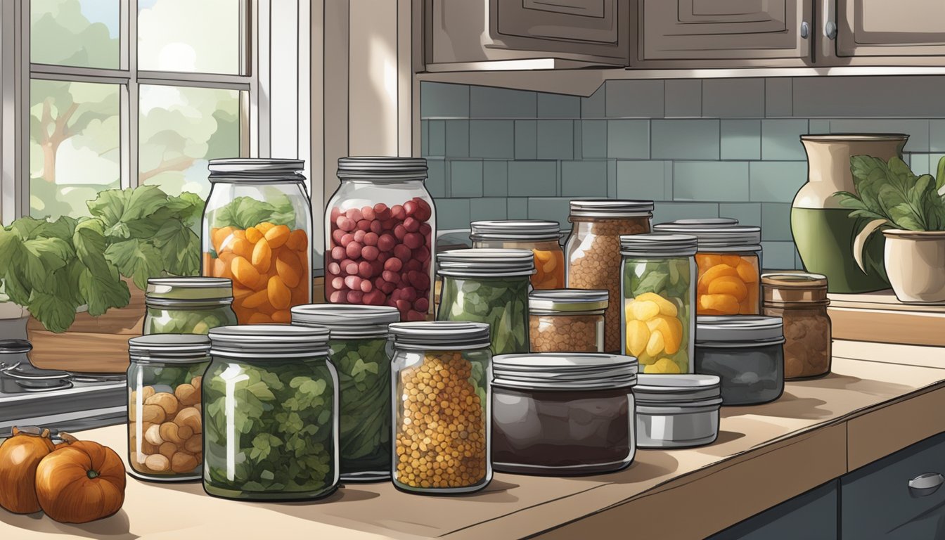 A kitchen counter with a variety of canning supplies, including jars, a pressure canner, and fresh pheasant meat being prepared for long-term storage