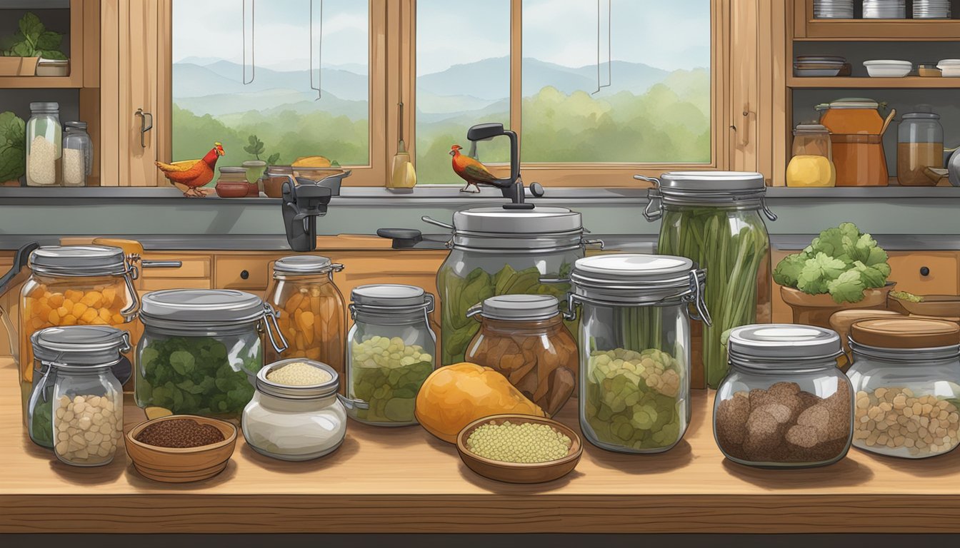 A kitchen counter with jars, pheasant meat, a pressure canner, and various tools for canning