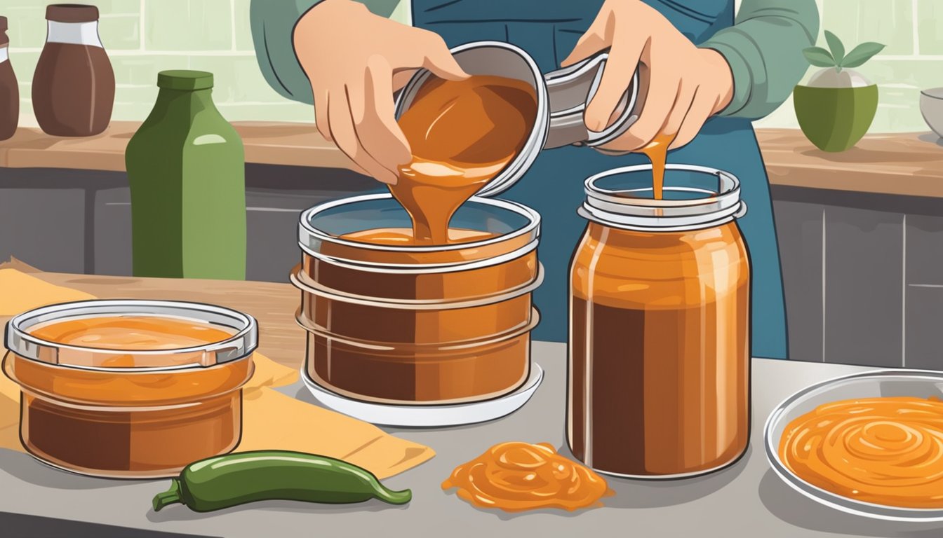 A person pouring freshly made enchilada sauce into glass jars for canning