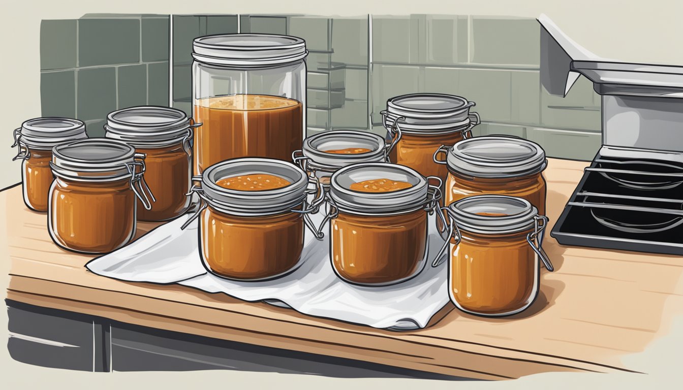 A pot of homemade enchilada sauce simmers on a stove. A row of glass jars are prepped for canning, with lids and tongs nearby