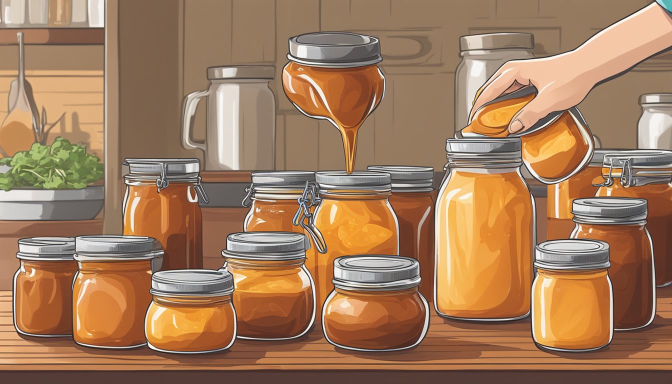 A person pouring homemade enchilada sauce into glass canning jars