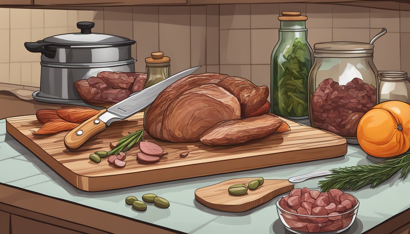 A kitchen counter with a cutting board, knife, and pheasant meat being prepared for canning