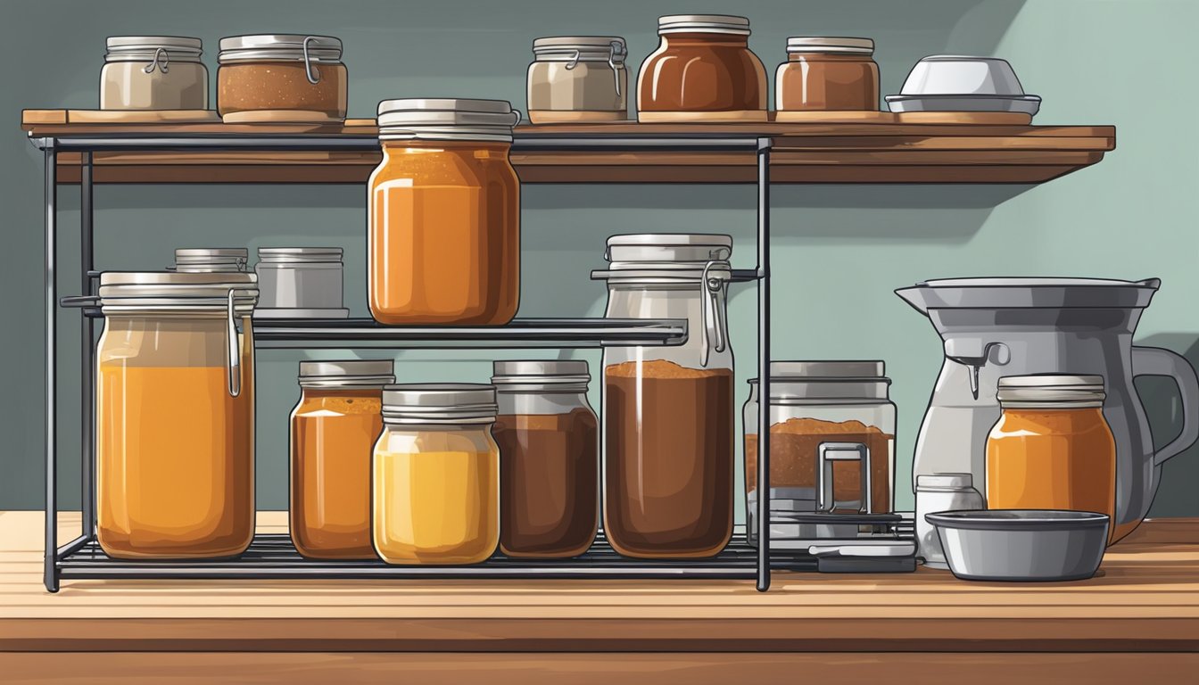 A glass jar of enchilada sauce sits on a metal cooling rack next to a pot of simmering sauce. A pantry shelf holds more jars of sauce for storage