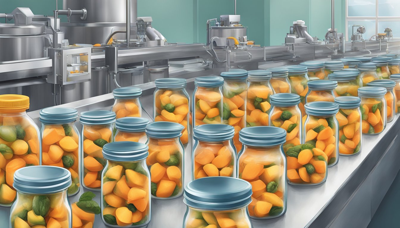 Papayas being carefully placed into sterilized jars, hot syrup being poured over them, lids being sealed tightly