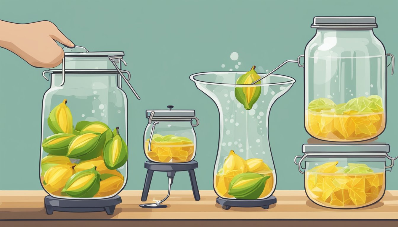 Fresh star fruit being washed, sliced, and placed into glass jars. A pot of boiling syrup sits on the stove. A pair of tongs lifts the hot jars from the water bath