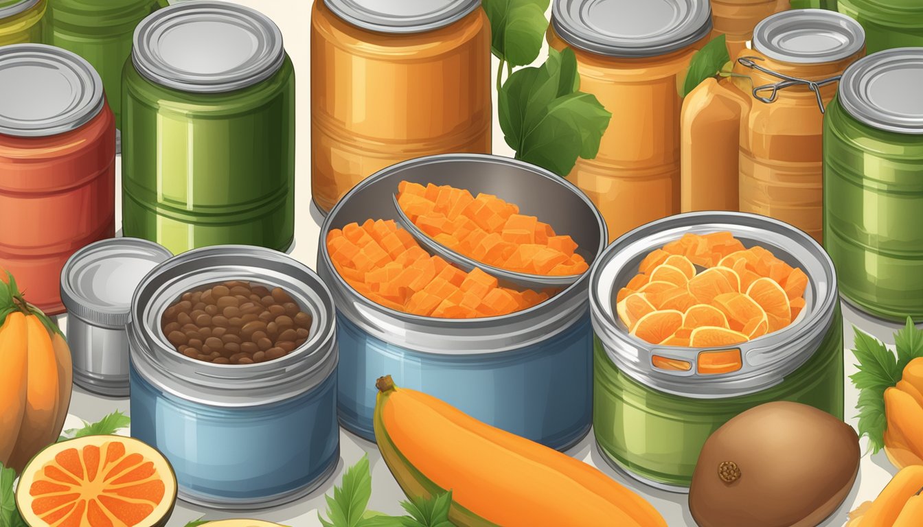 A table with assorted canned papaya products, surrounded by jars, cans, and utensils for preserving