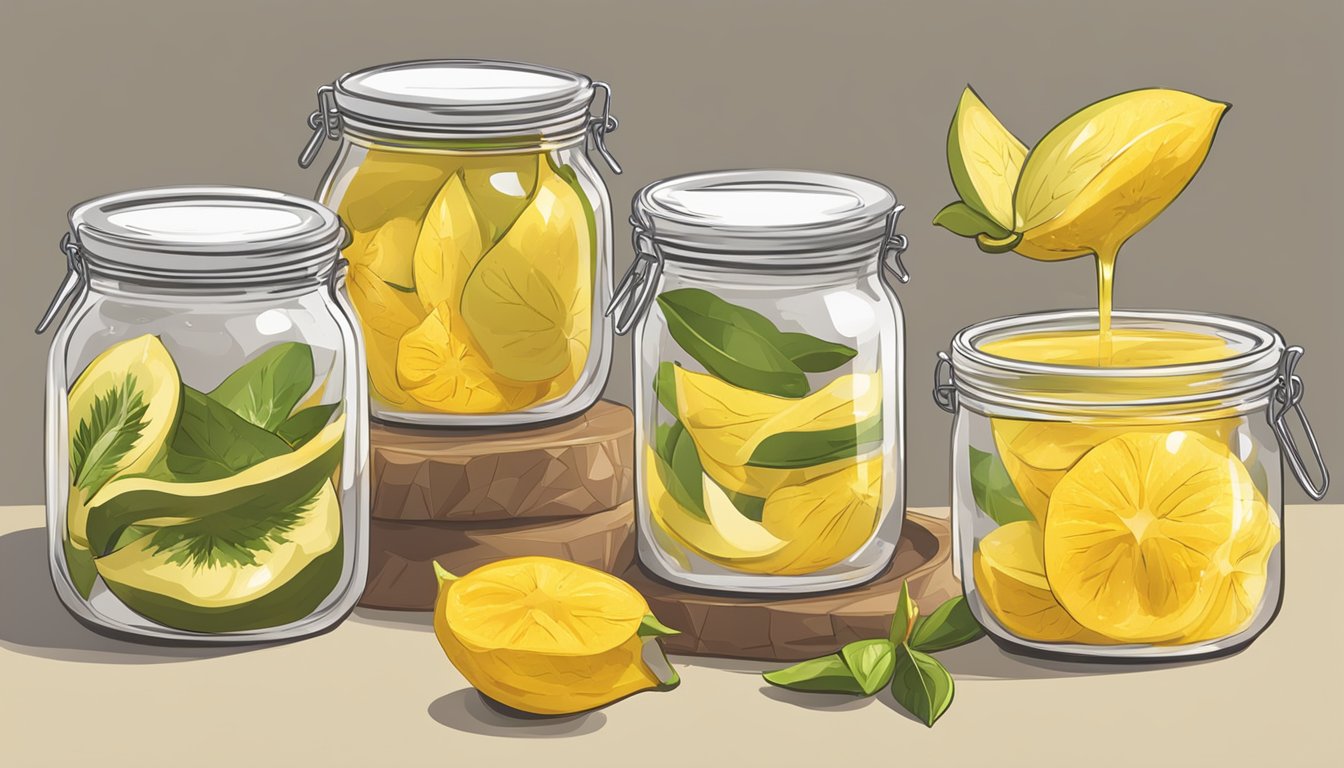 Fresh starfruit being washed, sliced, and placed into glass jars with syrup, ready for canning