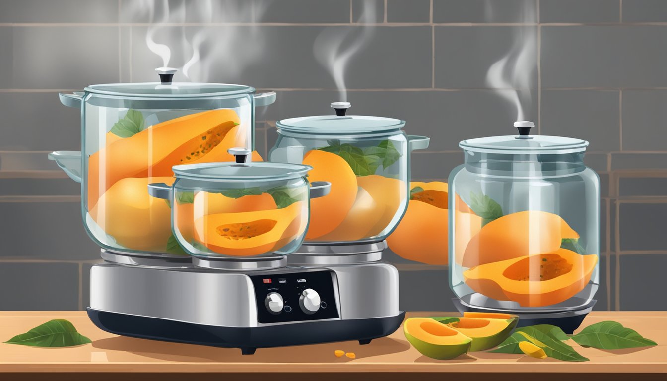 Ripe papayas being sliced and placed into glass jars, surrounded by boiling water in a large pot on a stove