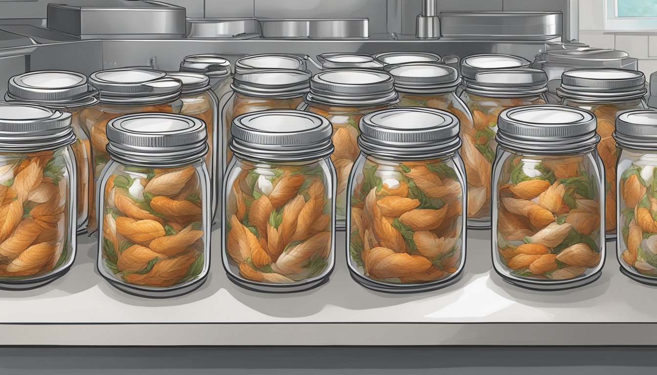 Pheasant meat being sealed in sterilized jars with tight-fitting lids, then placed in a pressure canner for long-term storage to prevent botulism