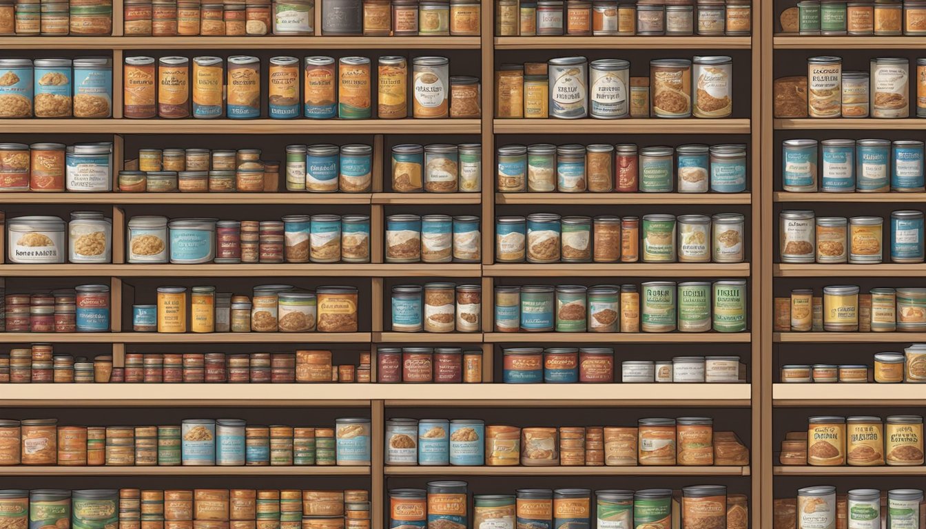 A pantry shelf filled with rows of canned pheasant meat, labeled and neatly organized for long-term storage