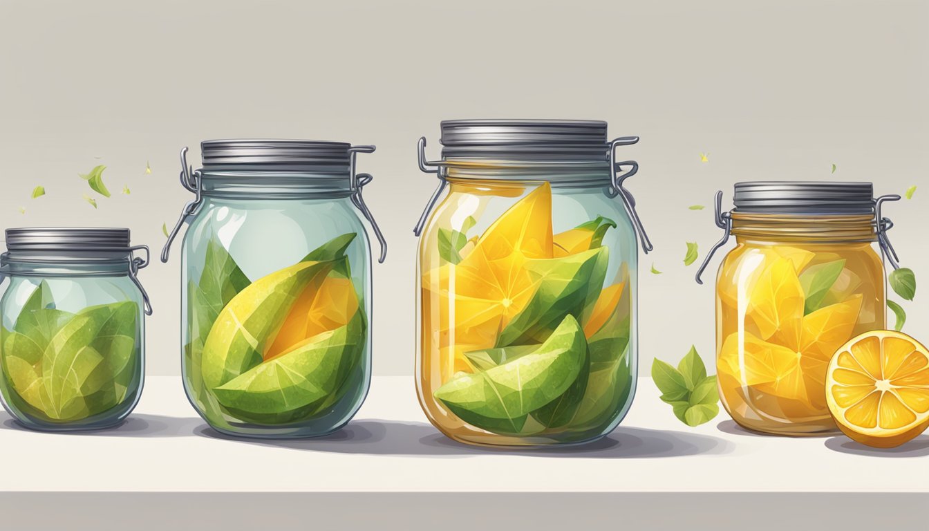 Starfruit being sliced and placed into glass jars, followed by pouring hot syrup over the fruit and sealing the jars