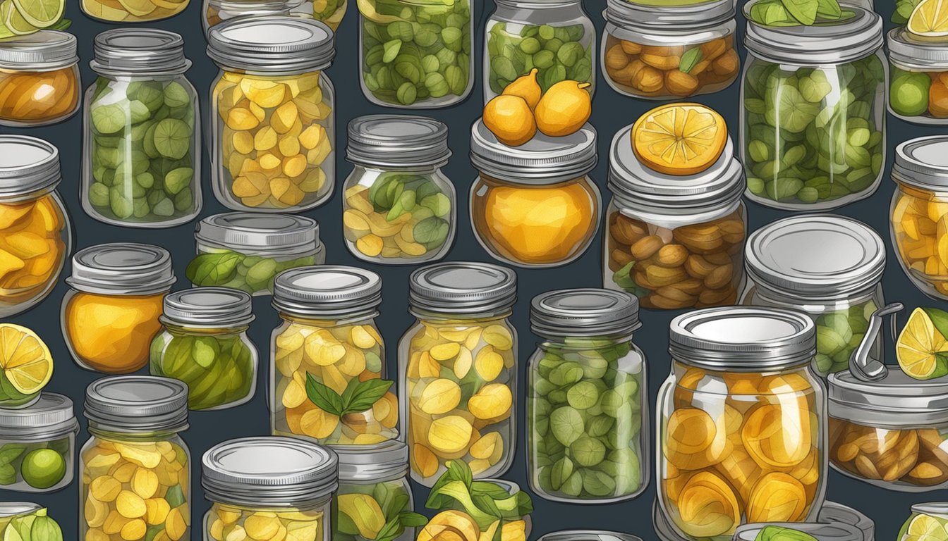 A table with jars of preserved starfruit, surrounded by canning equipment and fresh fruit