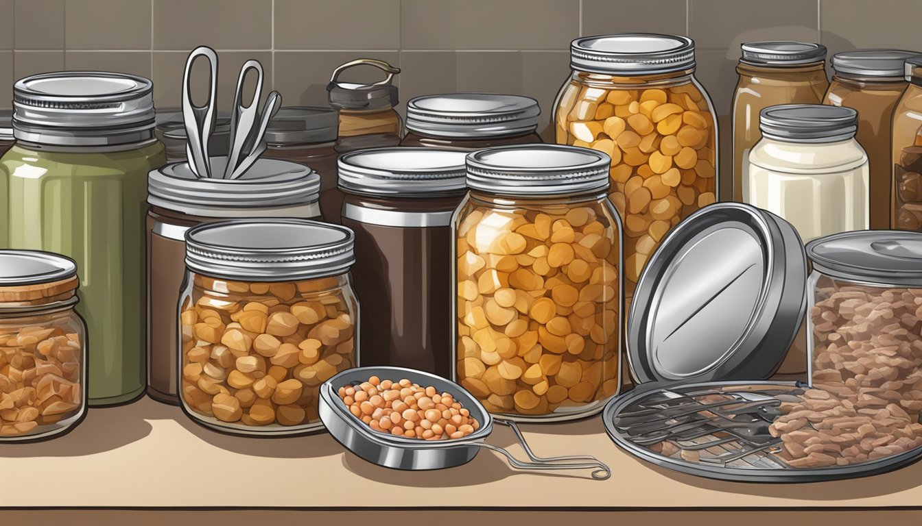 A kitchen counter with jars of canned pheasant meat, a pressure canner, and various tools for long-term storage