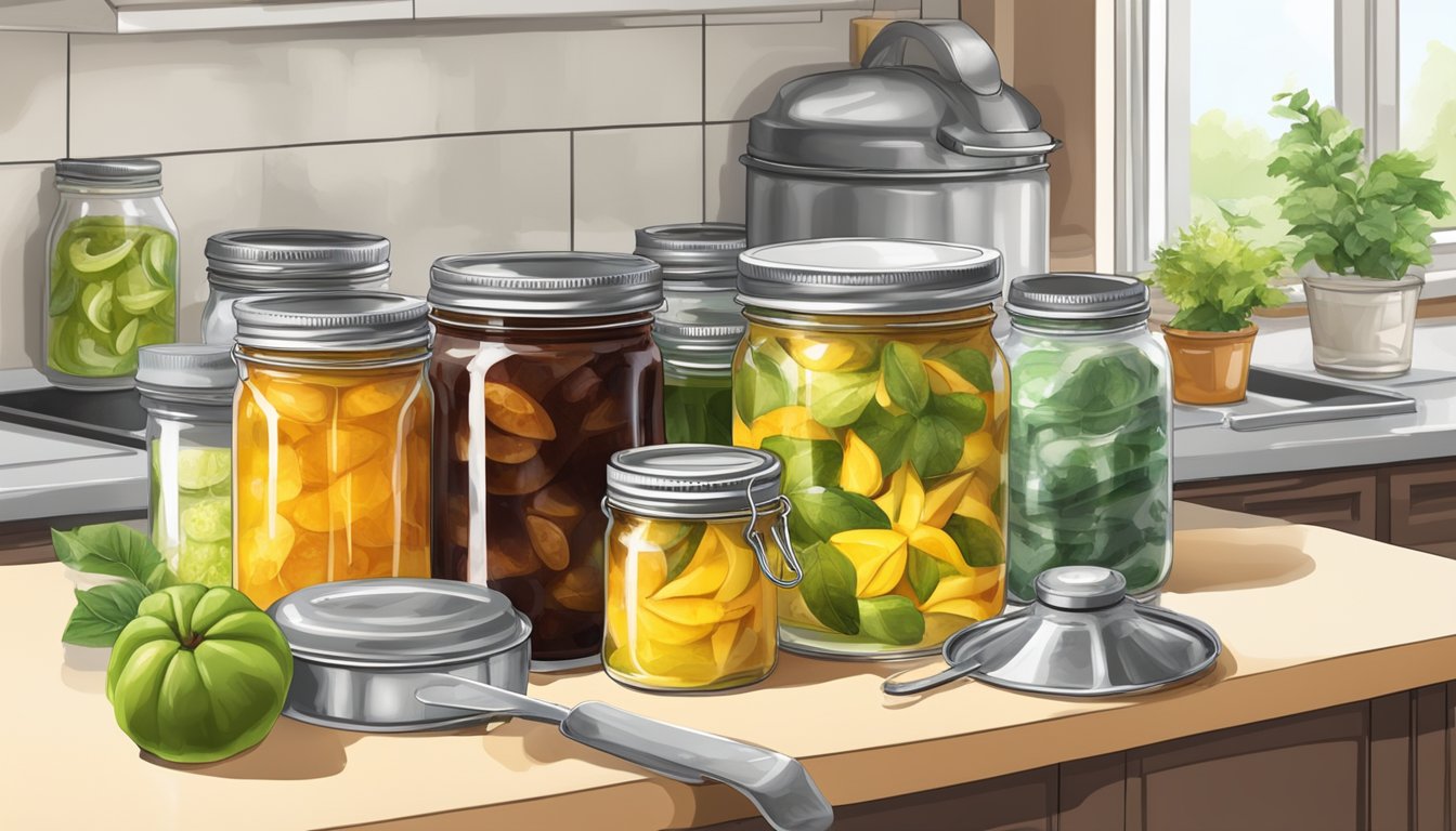 A kitchen counter with jars of starfruit preserves, a boiling water canner, and a stack of canning supplies including a funnel, tongs, and lids