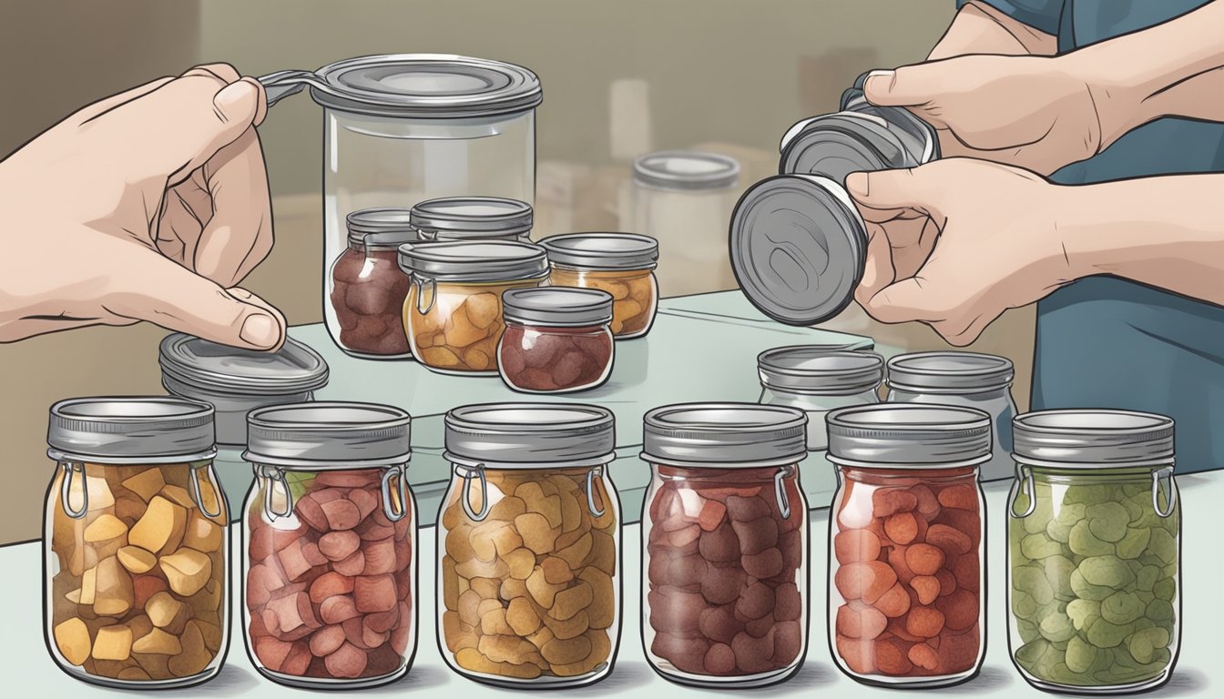 A person placing chunks of bear meat into glass jars, sealing them with lids, and then placing the jars into a pressure canner