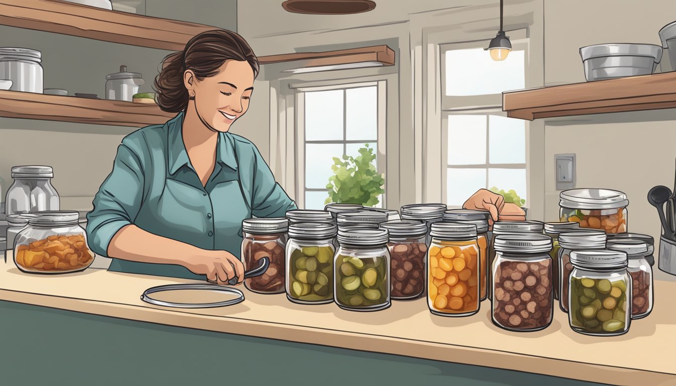 A person sealing jars of canned elk meat with a pressure canner on a kitchen counter