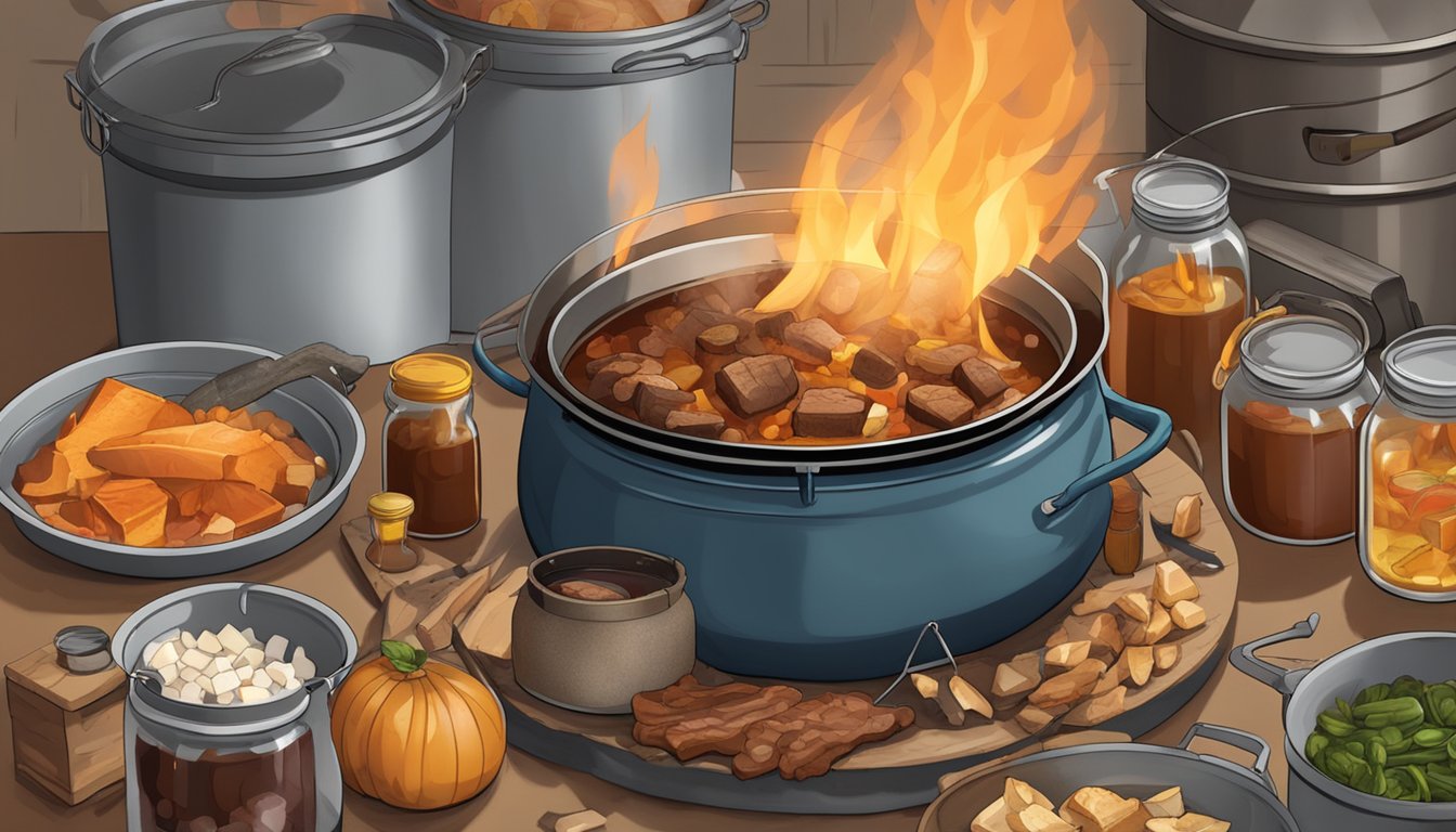 A large pot simmering over a fire, filled with chunks of bear meat, surrounded by jars, lids, and a variety of canning tools