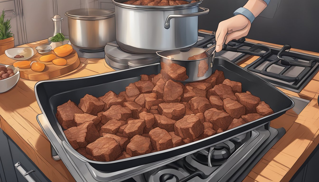 A large pot of bear meat chunks being seasoned and prepared for canning over a hot stove