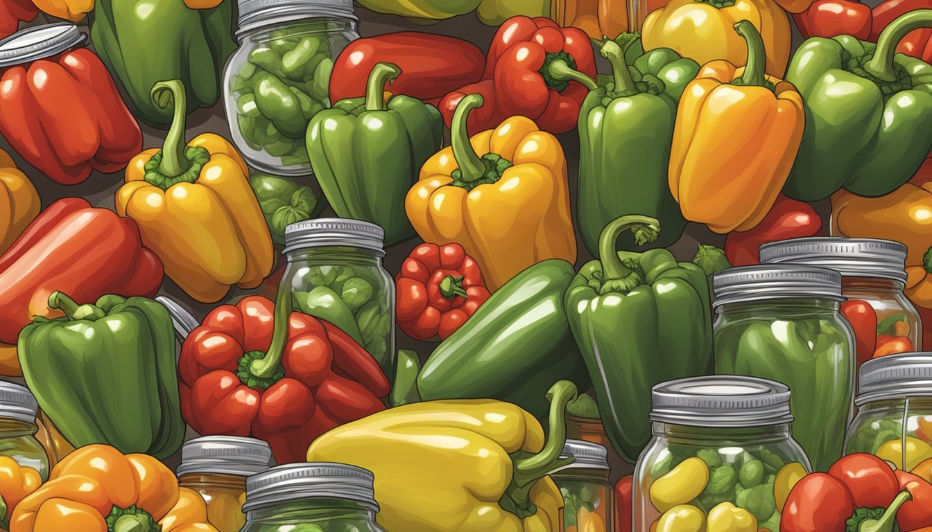 A variety of fresh bell peppers arranged on a clean kitchen counter, alongside canning jars and lids