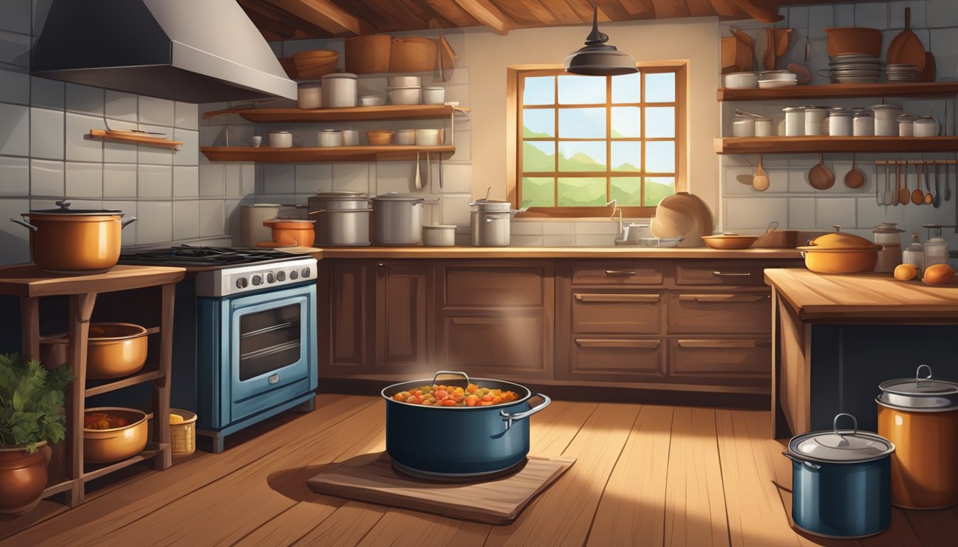 A rustic kitchen with shelves of canned bear meat and a large pot simmering on the stove