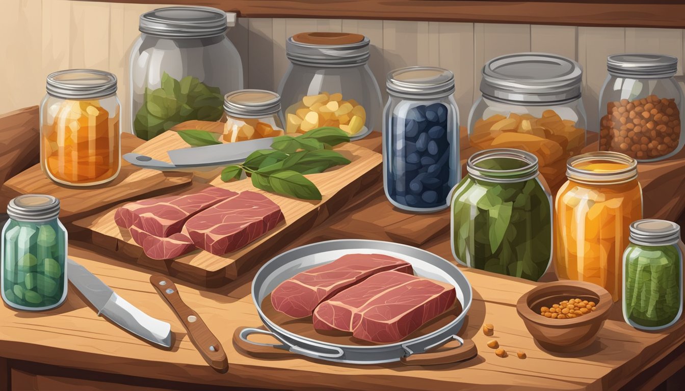 A wooden table with jars, tongs, and labels. A large pot of boiling water, a cutting board, and a knife. Bear meat and canning supplies are neatly arranged