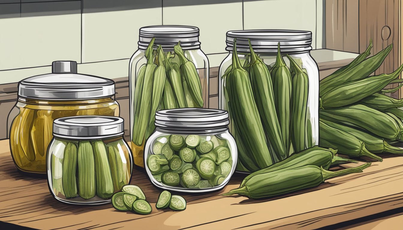 A kitchen counter with fresh okra, vinegar, salt, and jars ready for canning