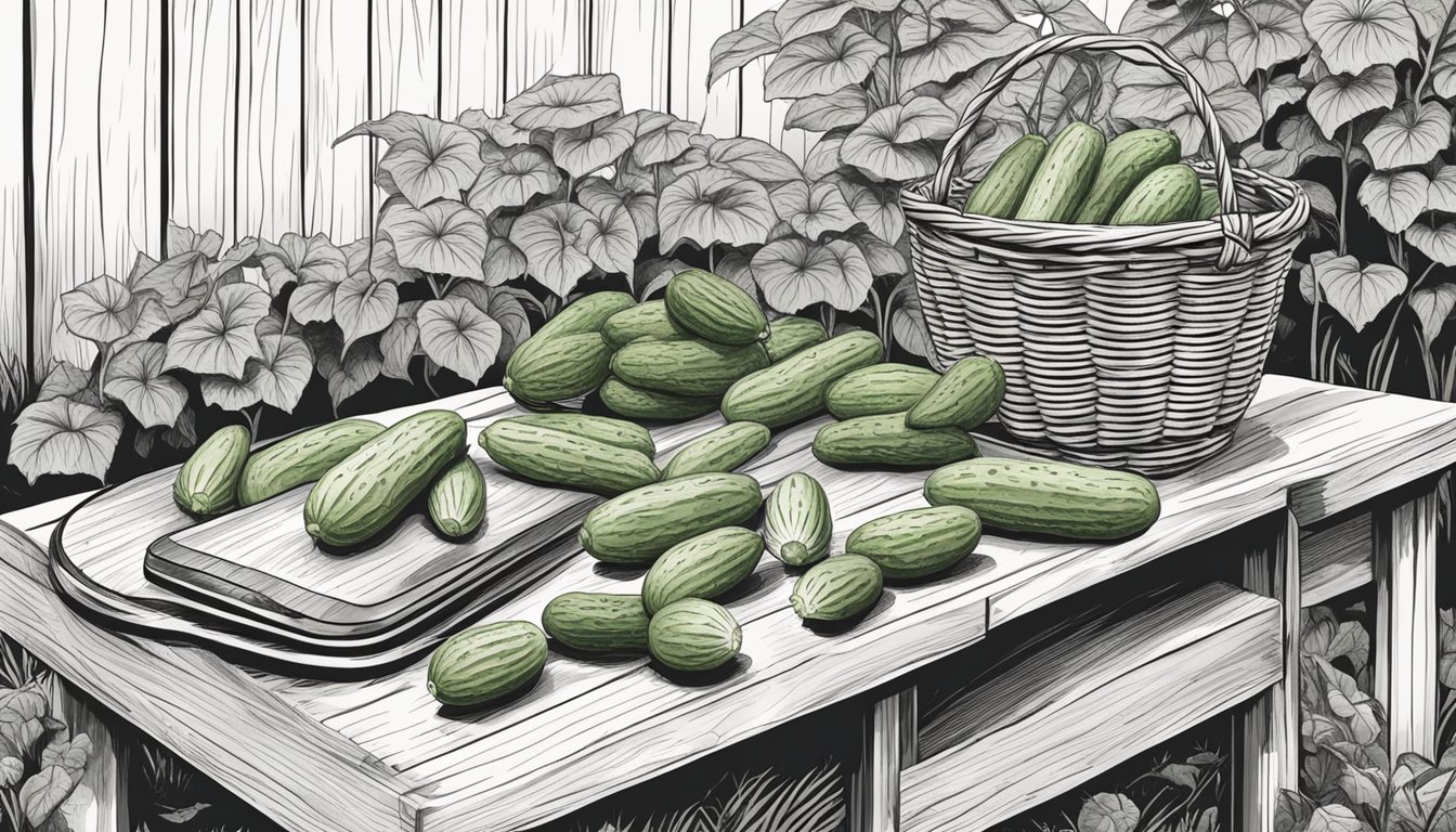 A hand reaching for ripe cucumbers in a garden. A basket filled with cucumbers sits nearby. A cutting board and knife are ready for preparation