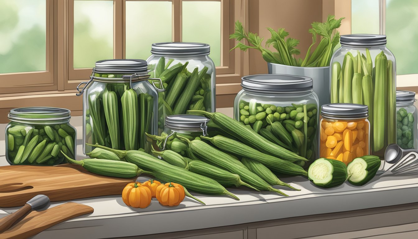 A kitchen counter with fresh okra, canning jars, a pot of boiling water, and a variety of canning tools and utensils