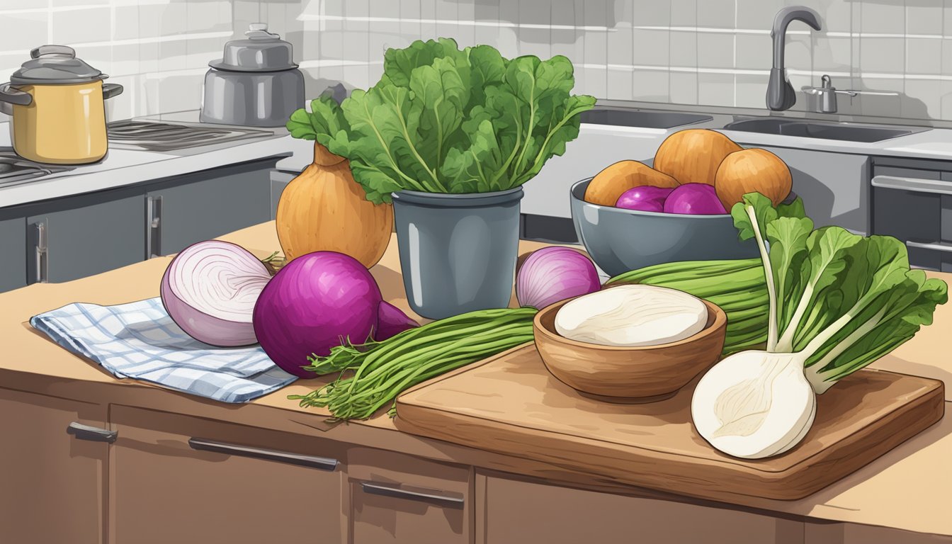 A kitchen counter with a cutting board, knife, and fresh turnips. A pot of boiling water and jars ready for canning