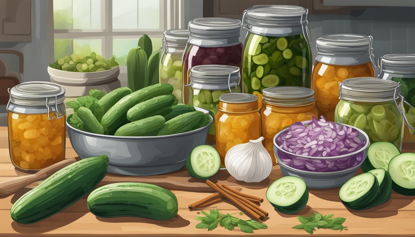 A table with jars of homemade relish, surrounded by fresh cucumbers, onions, and spices. A canning pot and utensils are nearby